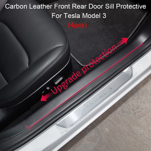 

car carbon fiber leather front rear door sill protective for tesla model 3 2017-2022 4pcs