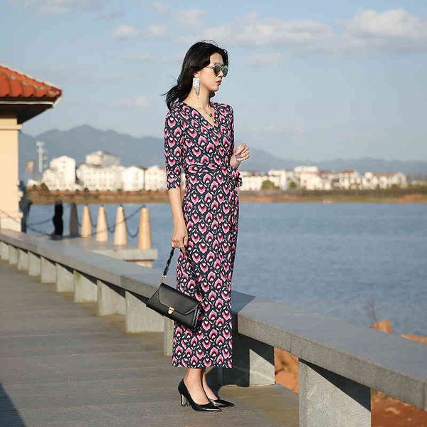 

casual dresses spring and summer wrap skirt temperament celebrity waist thin broken flower v-neck long dress women, Black;gray