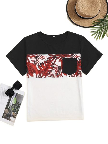 

men 1pc tropical print pocket patched tee s1ba#, White;black