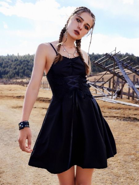 

romwe lace up contrast lace cami dress a9lm#, Black;gray
