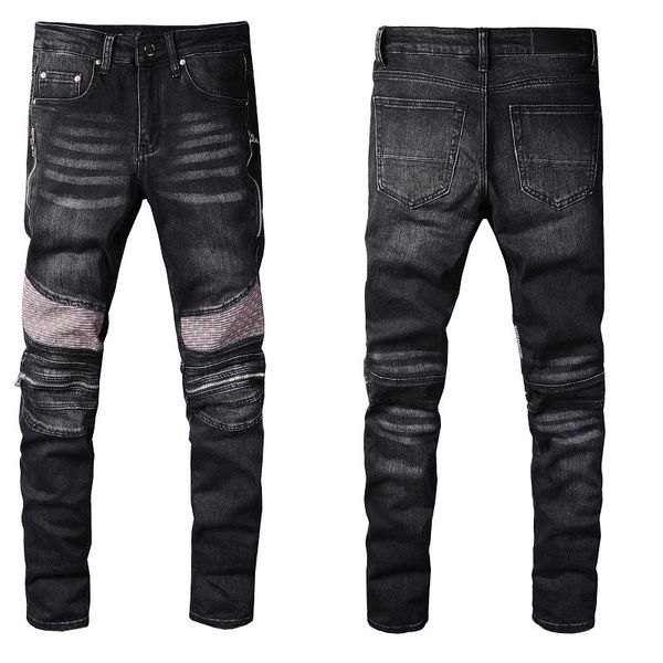 Jungs, schwarze Jeans, Denim, Skinny, passend für Herren, schmal, Biker, Moto, Hip Hop, gerades Bein, Vintage-Distress, Stretch, Knie, zerrissene Hose, Rock, langes Knie, Reißverschluss, Sommer, mittelschwer, 2022