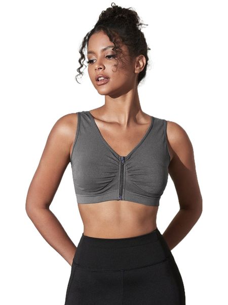 

low back ruched zipper front sports bra s89r#, Gray