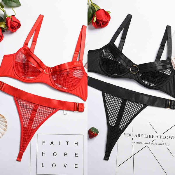 

nxy set summer new mesh splicing ultra thin close fitting steel ring gathered erotic lingerie womens underwear thongs suit 0216, Red;black