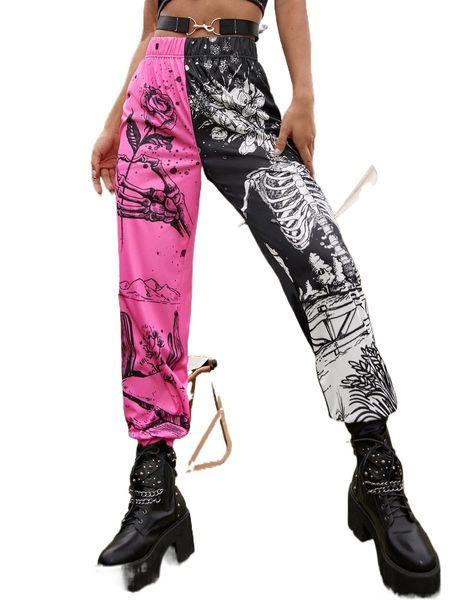 

floral & skull print two tone sweatpants x7j7#, Black;white