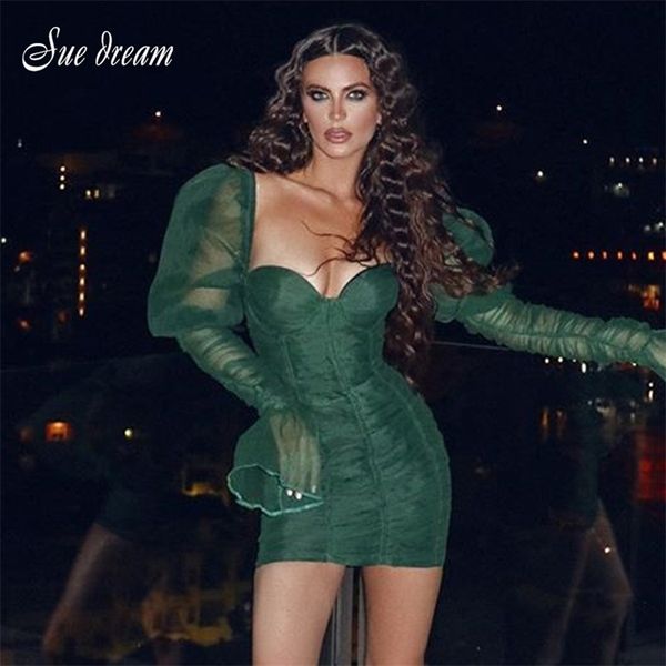 

autumn womens retro long sleeve strapless draped mini green mesh bodycon celebrity party christmas dress vestidos y200101, White;black