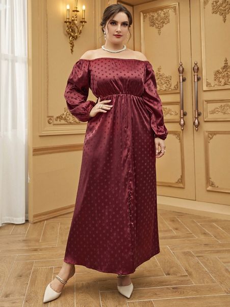

plus polka dot jacquard off shoulder lantern sleeve satin dress 66ts#, Black