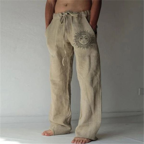 

summer vintage men's cotton linen oversized jogger trousers hip hop avatar print male plus size loose wide leg pants men 220325, Black