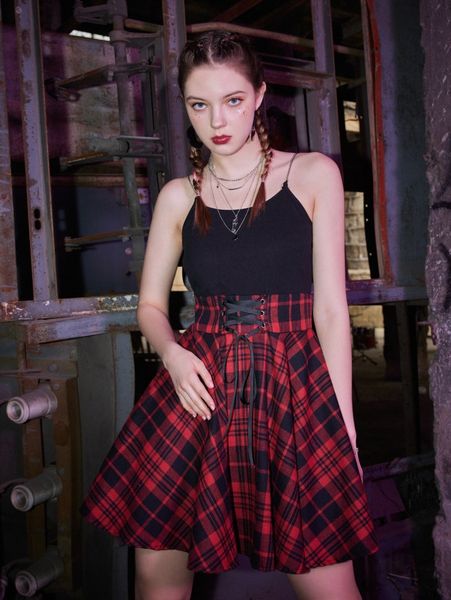 

romwe colorblock plaid lace up cami dress j1eu#, Black;gray