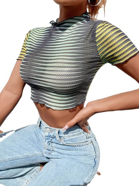 

graphic print lettuce trim mock neck crop mesh a4be#, White