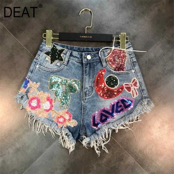 DEAT Ankünfte Mond Sterne Pailletten Stickerei Quaste Patch Raw Denim Shorts Weibliche Mode Frauen ME670 210709