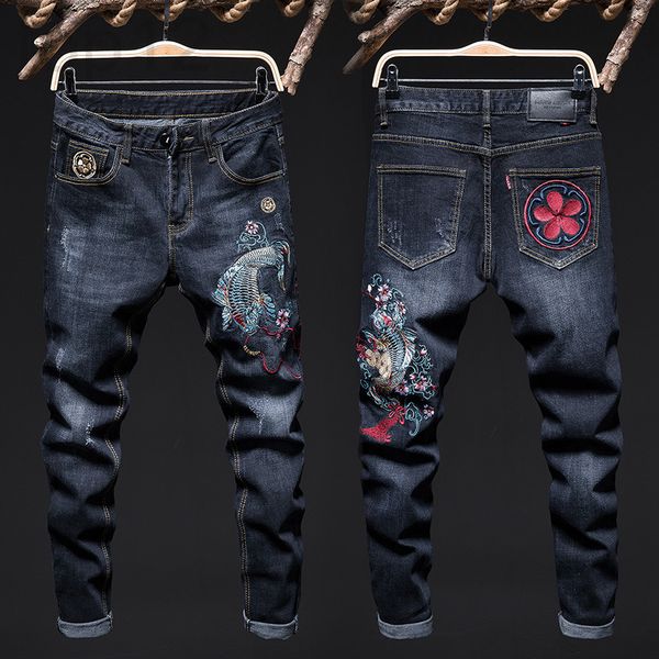 

men's jeans designer 2022 spring and summer young men's small foot personality carp embroidered elastic pants printed jeans fashio, Blue
