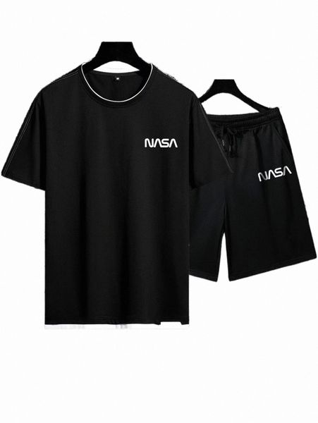 

men letter graphic contrast trim tee & drawstring waist shorts m9rl#, Gray