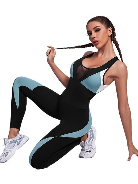 

colorblock contrast mesh backless sports jumpsuit e9az#, Gray
