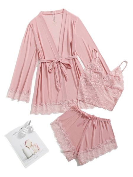 

contrast lace mesh lingerie set & belted robe v7ly#, Black;red