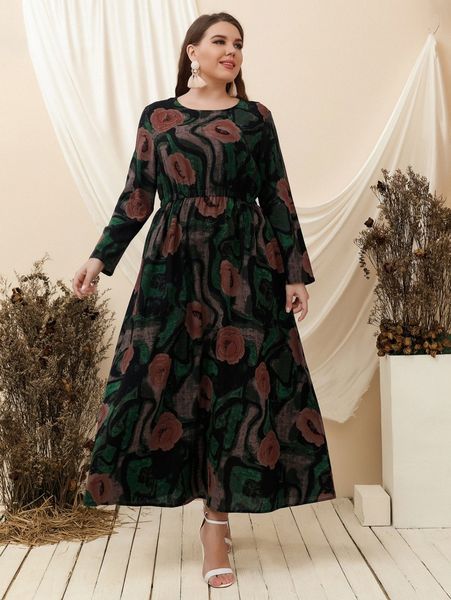 

plus floral print a-line dress w9b3#, Black