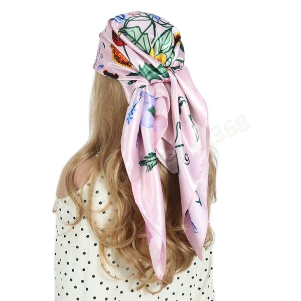 

silk head hair scarves women printing flowersr handkerchief fashion four seasons 90x90cm scarf hijab foulard bandana cheveux, Red;brown