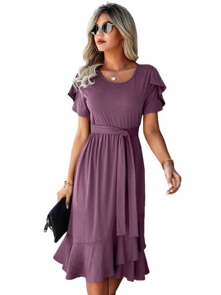 

petal sleeve ruffle trim wrap hem belted dress u8ur#, Black;gray