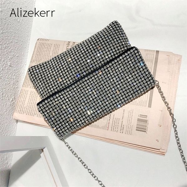 

bling rhinestones evening clutch bag women korean diamond chain cover dinner party handbag purse ladies small square shoulder 220810