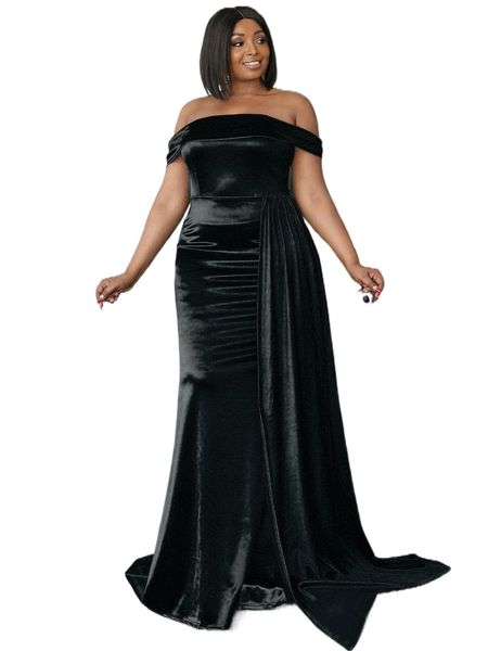 

seomiscky plus off shoulder ruched velvet dress a1og#, Black