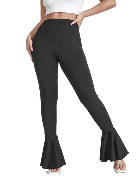 

ruffle hem flare leg pants h17w#, Black;white