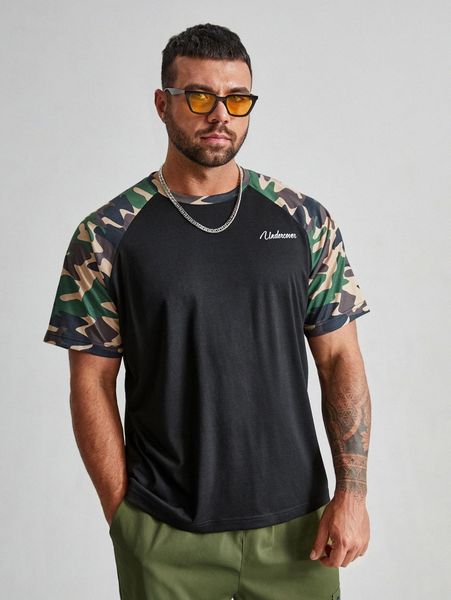 

extended sizes men letter & camo print raglan sleeve tee o18b#, White;black