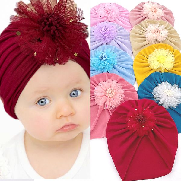 

m437 spring summer infant baby girls hat sweet lace flower headwear child toddler kids beanies turban cap donuts florals hats children acces, Yellow
