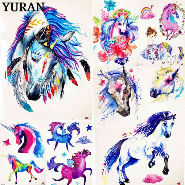 NXY Tatuaggio Temporaneo Cartone Animato Unicorno Blu Fiabe per Bambini Bambini Adesivo Flash Impermeabile Ragazza Baby Body Art Cavallo 0330