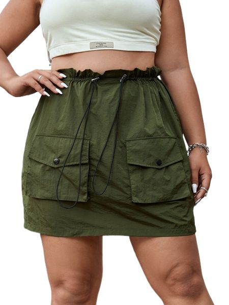 

plus drawstring waist flap pocket skirt t6gy#, Black