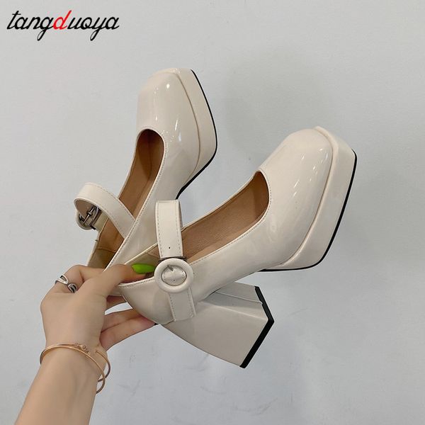 

women pumps leather high heels square toe lolita shoes buckle black beige mary janes shoes street shoes retro platform, Black;white