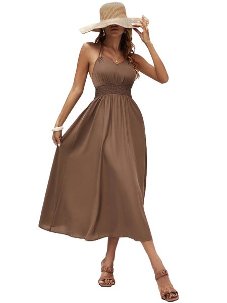 

shirred waist tie backless split hem halter dress l2z7#, Black;gray