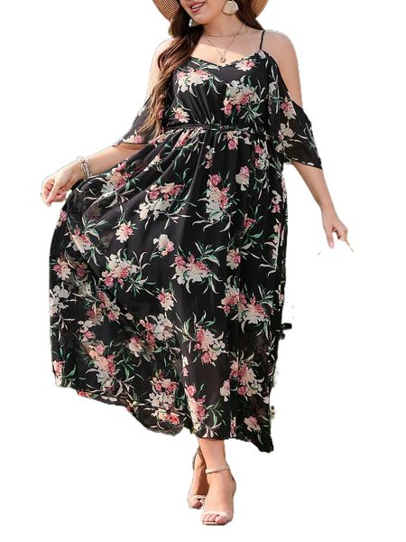 

plus allover floral print cold shoulder a-line dress u9c5#, Black