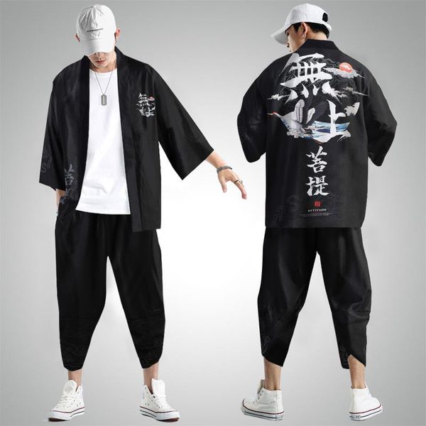 Men's Tracksuits Mens Urbano Leisure Relaxado Impressão Digital Antique Kimono Cassock Cardigan Camisa Pants Suit Men Lexury Geitsmen's