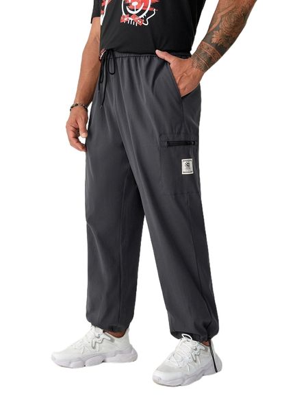 

extended sizes men letter patched slant pocket pants u130#, Black