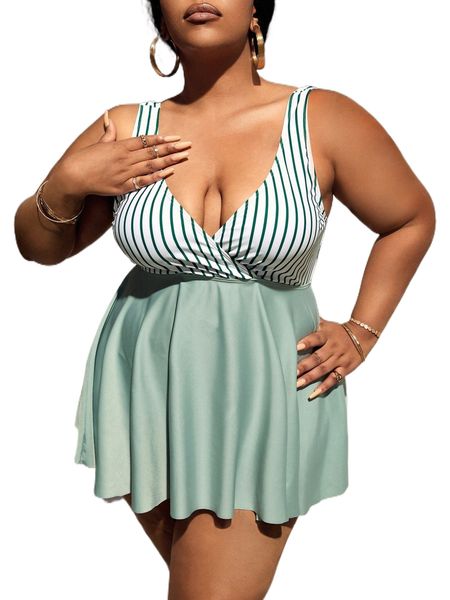 

plus striped flounce hem bikini swimsuit h2n1#, White;black