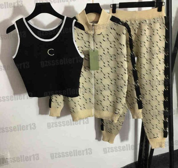 

luxury designer womens tracksuits g letter logo print three-piece knitted tracksuit g letter stand collar zip cardigan jacket and casual tro, Gray