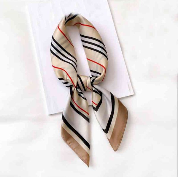 

2021 women multifunction polyester silk scarf elegant stripes printed casual satin small square wraps head scarves hijab 70x70cm, Blue;gray