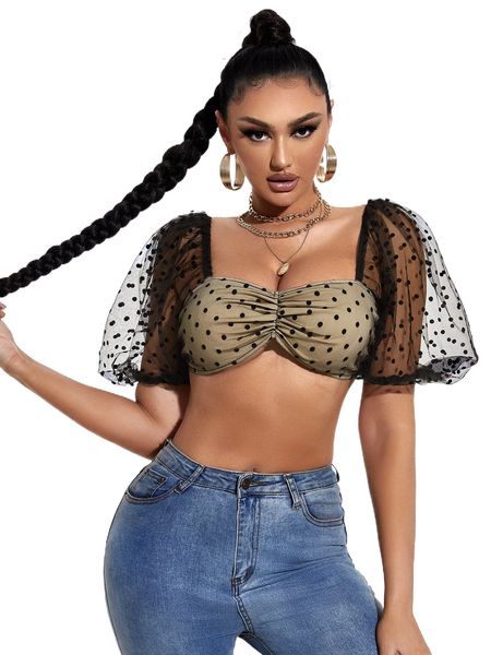 

sxy polka dot print ruched bust mesh sleeve crop v1i3#, White
