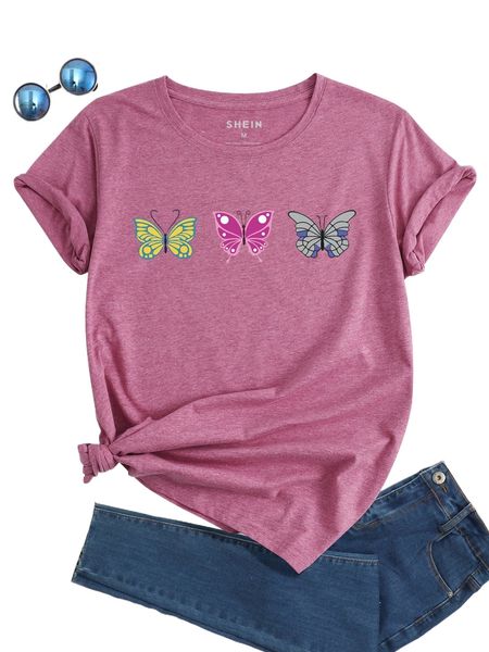 

butterfly print round neck tee r0tl#, White