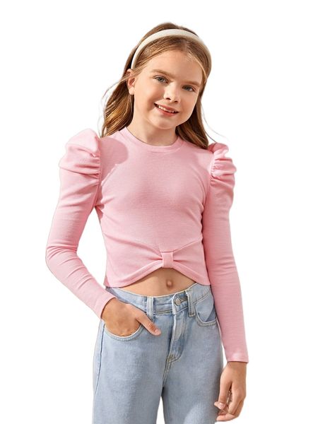 

girls gigot sleeve knot front tee l79a#, Black;white