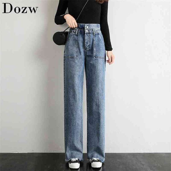 Mulheres jeans de cintura alta mulher namorado azul cor lareira calça solta para mulheres grils longa prolongamento jeans jeans 210515