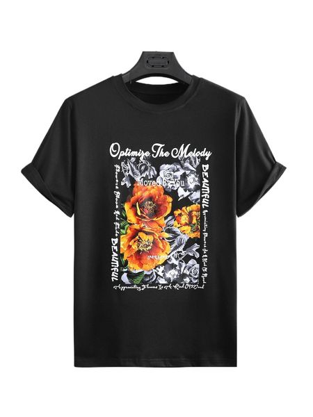 

men floral & slogan graphic tee p1yo#, White;black