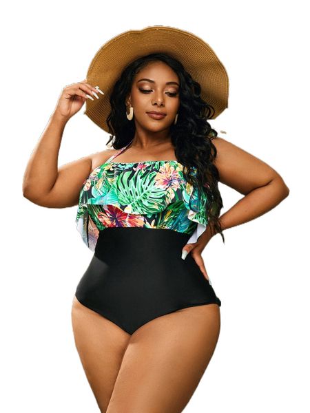 

plus tropical print ruffle trim halter one piece swimsuit c71p#, White;black