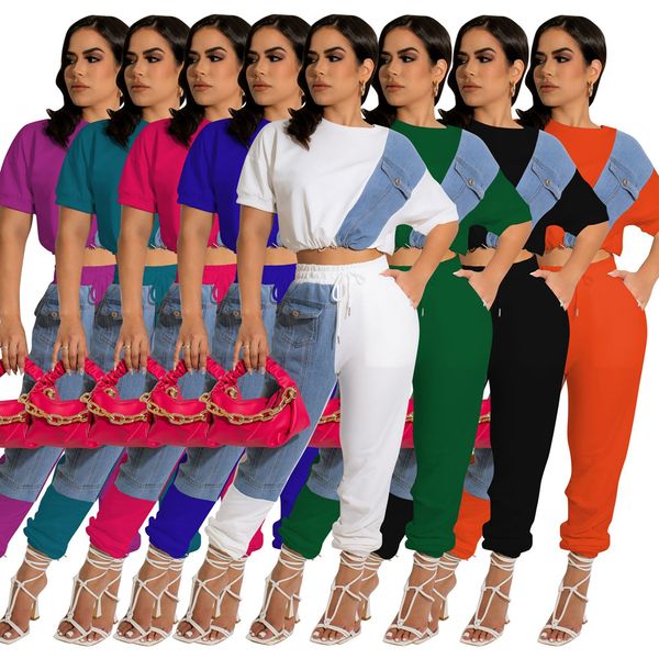 

new arrivals denim 0splicing tracksuits for women short sleeve crop and drawstring sports pants 2 piece sets f88435, Gray