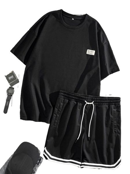 

men patched detail tee & striped trim drawstring waist shorts c4ki#, Gray