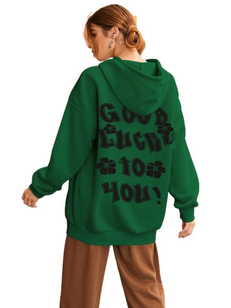 

slogan and floral print drop shoulder drawstring oversized hoodie b8kh#, Black