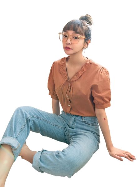 

dazy ruffle trim tie front puff sleeve blouse d4lc#, White