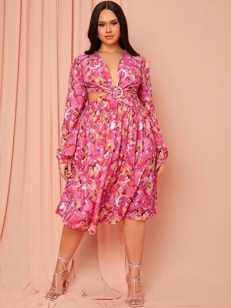 

plus floral print cut out dress o7i6#, Black