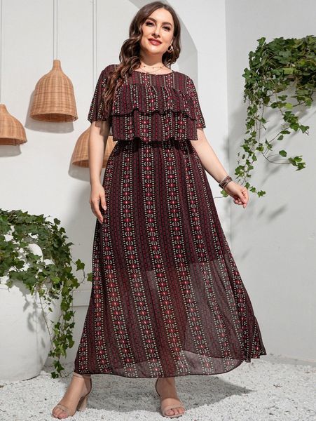 

plus allover print layered ruffle trim butterfly sleeve dress m7bt#, Black