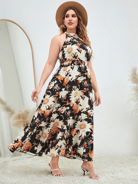 

plus floral print shirred ruffle hem halter dress x0g6#, Black