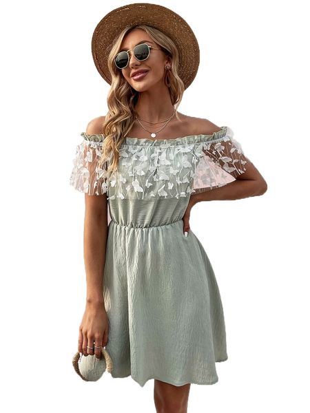 

contrast mesh appliques off shoulder ruffle trim dress q4zf#, Black;gray